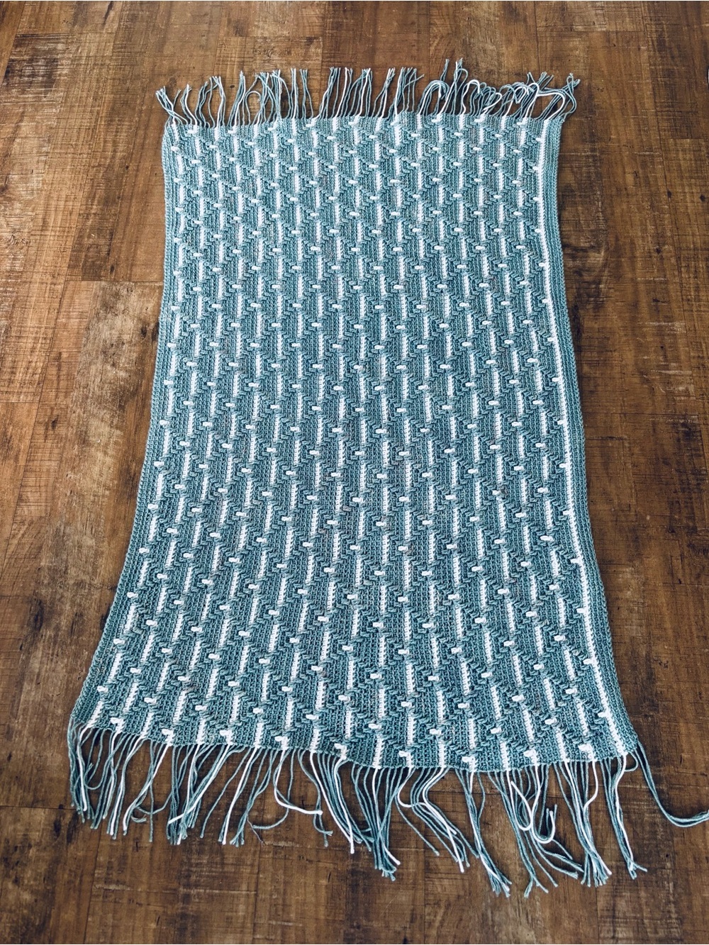 Handmade Afghan Crochet Throw Blanket 51" X 37" Blue Teal Turquoise White
